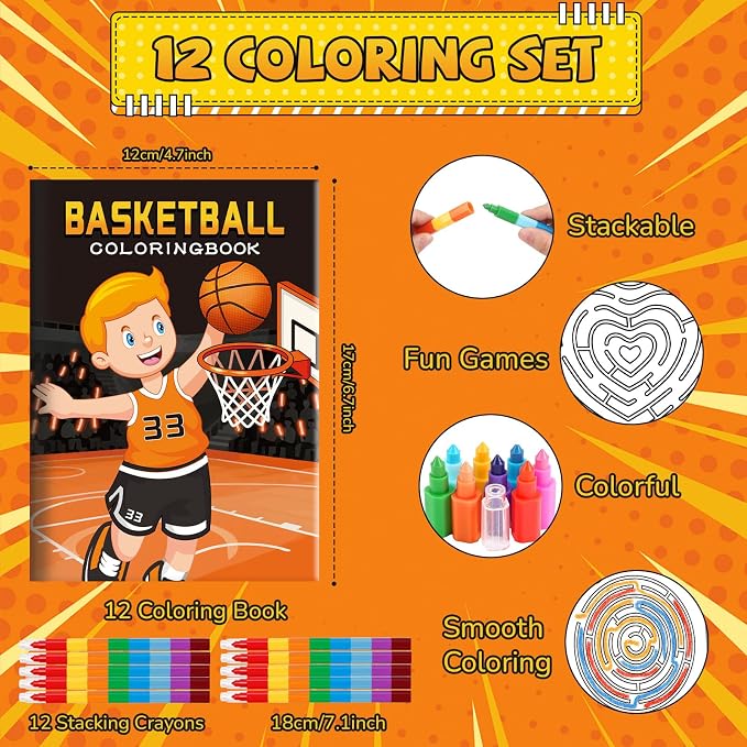 BenLouis 12 Basketball Mini Coloring Books Kids with 12 Stacking Crayons Basketball Party Favors Small Activity Books Bulk for Kids Sports Party Gift Goodie Bag Stuffers