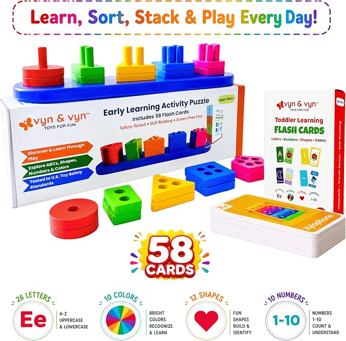 2-in-1 Wooden Shape Sorter & 58 Flash Cards Montessori Toy for Toddlers | Stacking & Sorting Toy for Boys & Girls, Color and Shape Matching Learning Puzzle for Ages 3+, Preschool Education