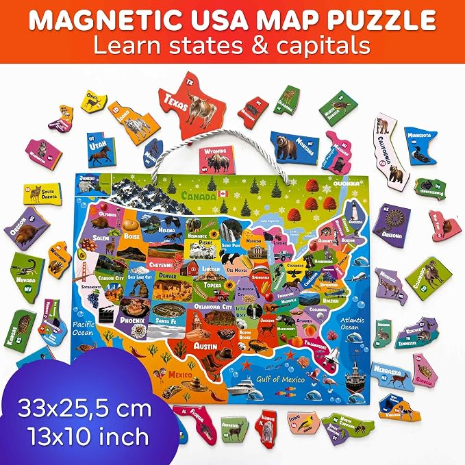 QUOKKA Magnetic Puzzles for Kids Ages 4-6 - Realistic USA Map Puzzles for Toddlers 3-5 - Montessori Educational Toys for 2-4 Years Old - United States Geography Learning Games for Kids 5-8