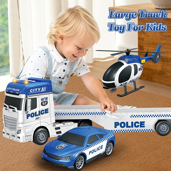 3-in-1 Police Truck Toys for Kids Ages 3-6 – 25.6 Inch Extra-Large Inertia Semi Trailer with Lights & Sounds, Detachable Light & Sound Helicopter and Police Car