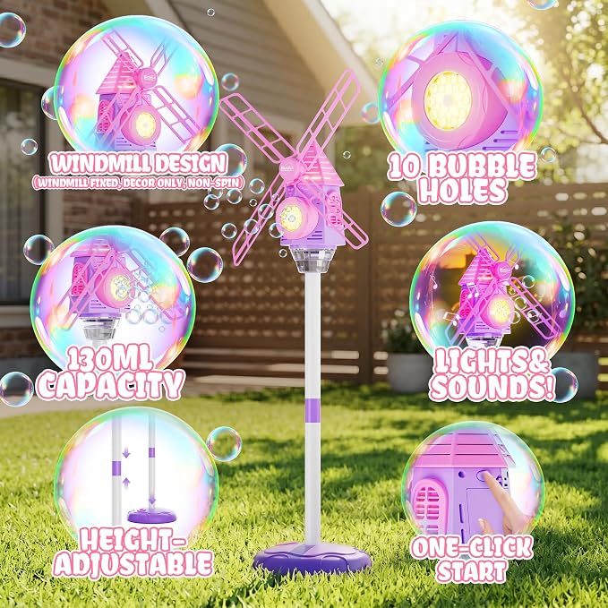 Belemar Windmill Bubble Machine for Kids, Summer Pool Party Bubble Blower with Lights & Music, 51" Adjustable Height, 130ml Tank, Bubble Solution Included, Outdoor Toy for Parties & Birthdays