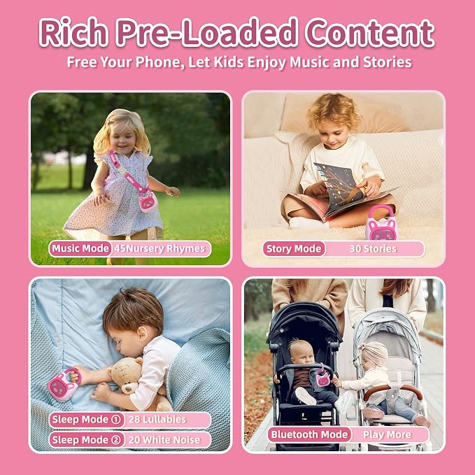 alilo Pocket Bunny Portable Kids Music Player, Musical Toys for Toddlers, Preloaded 120+ Stories/Music/Lullabies/White Noise, Toddler Gift for Girls (with Strap and Ring)