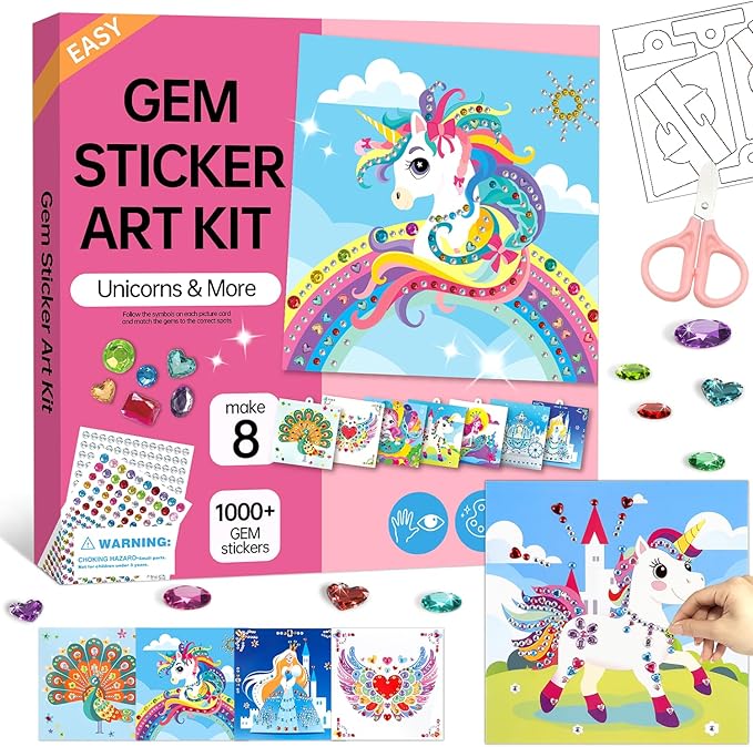 Marlrin Unicorn & Princess Diamond Art Kit for Kids Ages 3-8,Easy Arts and Crafts with 1000+ Gem Stickers,Gem Art Christmas Birthday Easter Gift for Girls 4-7