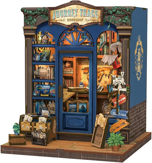 Fsolis Book Nook Kit, DIY Miniature House Kit for Adults and Beginners Mini Bookstore Diorama Bookshelf 3D Wooden Puzzles Gifts for Women Teenagers (Journey Trace Bookshop)