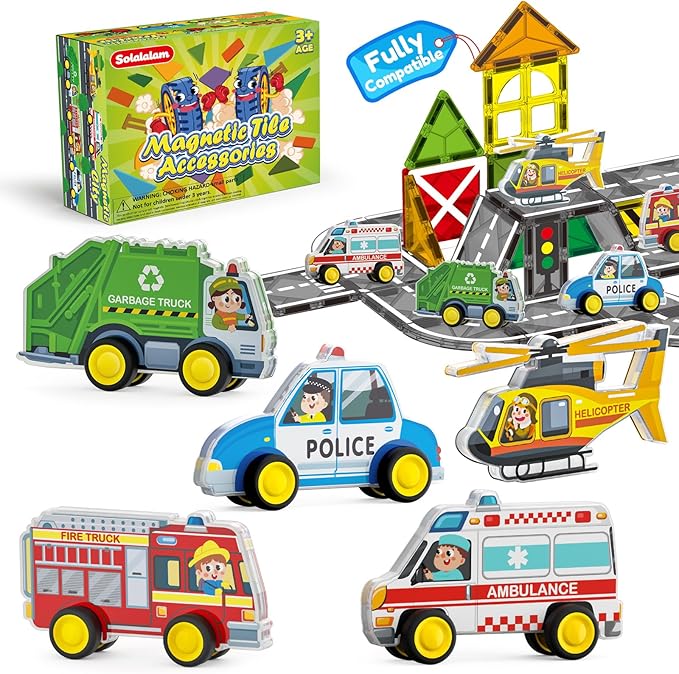 Toys City Cars Road Set for Magnetic Tiles, 5pcs Urban Traffic Preschool Educational Learning Toys for Kids Age 3-7, 3D Rescue Car Compatible with Magnet Tiles & Blocks