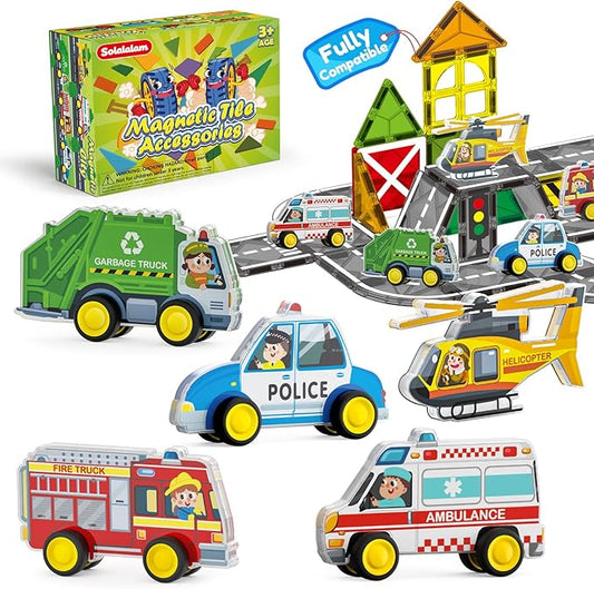 Toys City Cars Road Set for Magnetic Tiles, 5pcs Urban Traffic Preschool Educational Learning Toys for Kids Age 3-7, 3D Rescue Car Compatible with Magnet Tiles & Blocks
