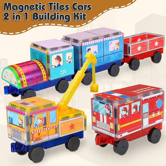 Magnetic Tiles Cars Construction Set for Kids, 30PCS Magnetic Building Tiles with 3 Car Bases & Crane, Train and Truck Magnet Blocks STEM Toys for Boys Girls Ages 3-8