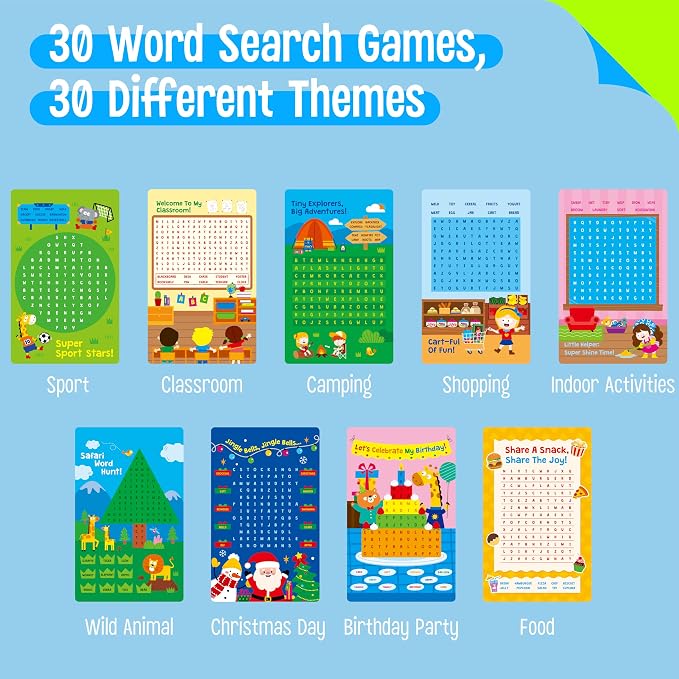 SpriteGru Dry Erase Word Search Game Pad, 30 Reusable & Erasable Word Games, Search & Find Puzzles Brain-Boosting Activity Book for Kids, Educational Toy for Road Trip Airplane Travel