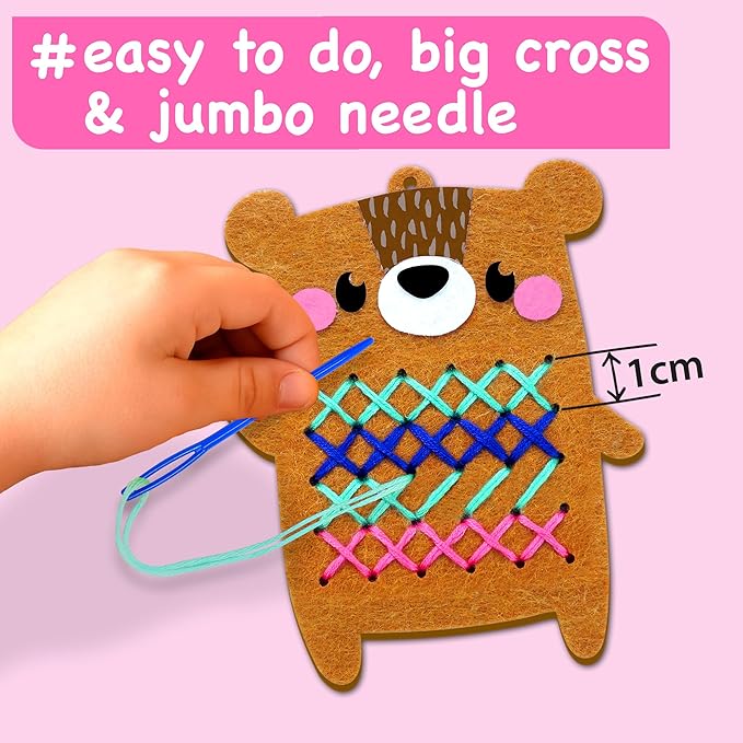 EZCRA Beginner Needlepoint Cross Stitch Kit for Kids Ages 5-8 - Easy Embroidery Starter Set with Jumbo Plastic Needles, Pre-Printed Patterns, Instructions - DIY Arts & Crafts for Girls & Boys