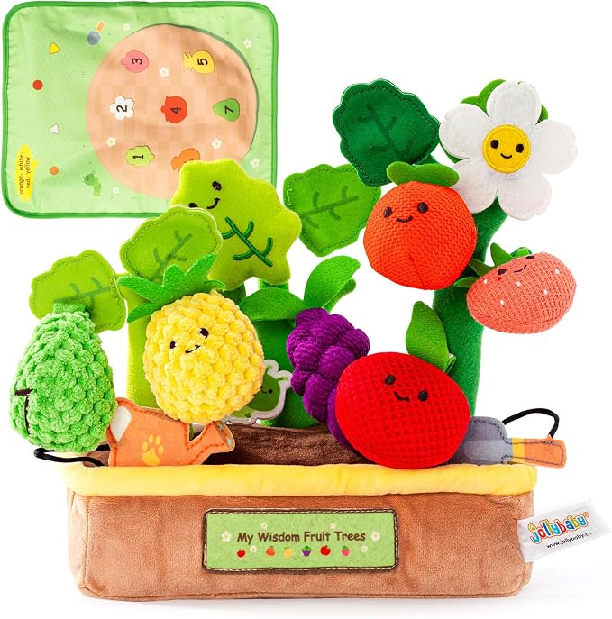 Baby Toys 6-12 Months - My First Fruits Color Shape Sorting Montessori Toys - 6 Month Old Toys Montessori Sensory Toy Carrot Flower with Rattles Mirror Squeaker Textures Crinkle Tissues
