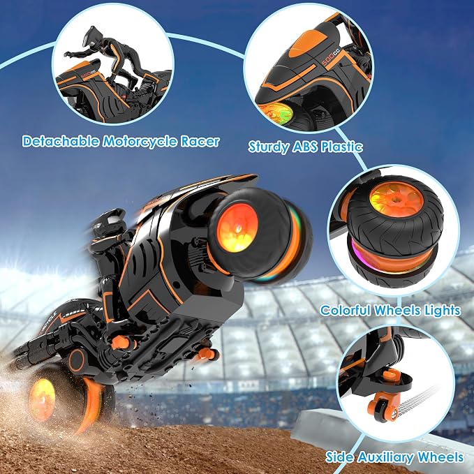 Remote Control Motorcycle with RGB Lights & Exclusive Side Glide | Ready-to-Play with 2 Batteries | 2.4GHz RC Stunt Bike Gift for Kids 5-12
