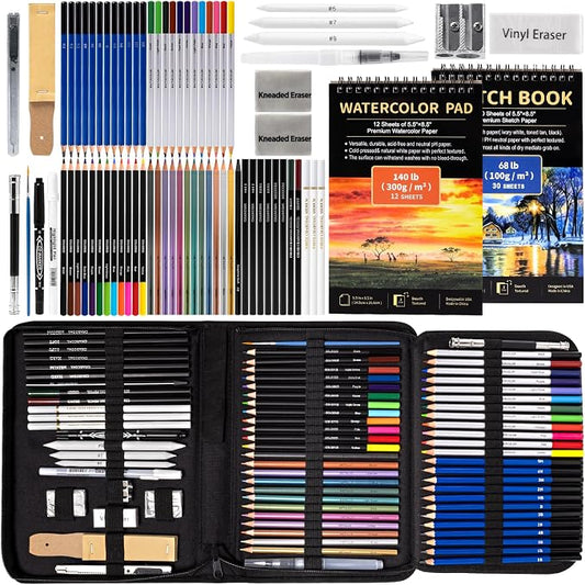 Drawdart Art Supplies Drawing Pencils Set - 76 Pack Pro Sketching Kit with Sketchbook & Watercolor Pad, Includes Graphite, Charcoal, Watercolor & Metallic Pencils for Kids, Teens, Adults