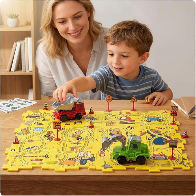 Plastic Puzzles for Kids Ages 3-5 with Toy Cars (Excavator + Dump Truck), Gift Toys for 3 4 5 6 Year Old Boys Girls, Toddler Puzzle Track Car Play Set, Critical Thinking Educational Toys