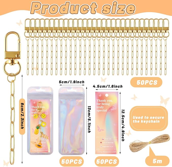 Wurosi 50 Set Paperclip Keychain Making Kit, Bag Charm Kit, 50 Keychain Clips, 50 Extender Chain, 50 Resealable Pouch Bag, 50 Thank You Cards, 5M Hemp Rope, Jewelry Making Kit for DIY Keyrings Charms