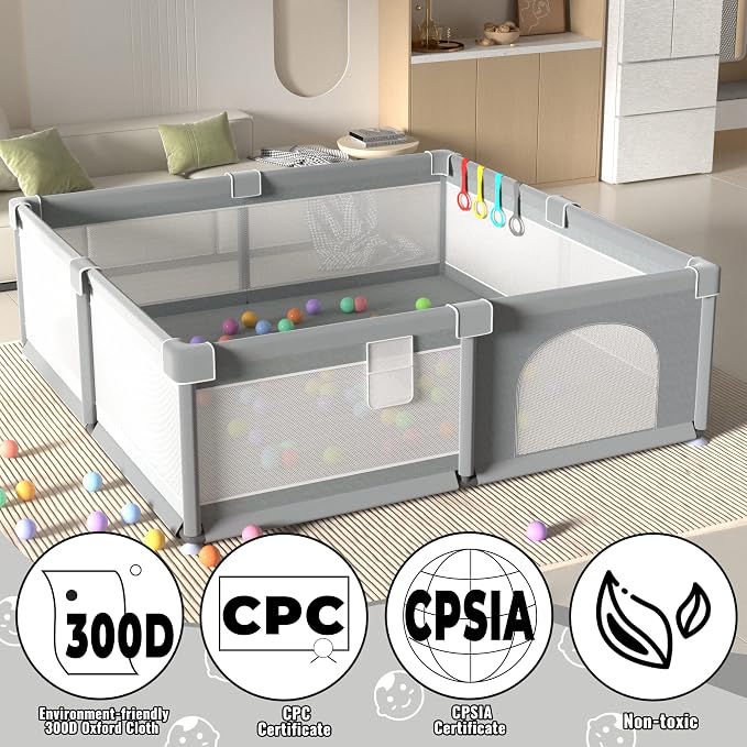 LUTIKIANG Extra Large Playpen for Toddlers, 79" X 71" with Gates, Baby Play Yards, Safety Indoor Play Area, Ocean Balls (Grey)