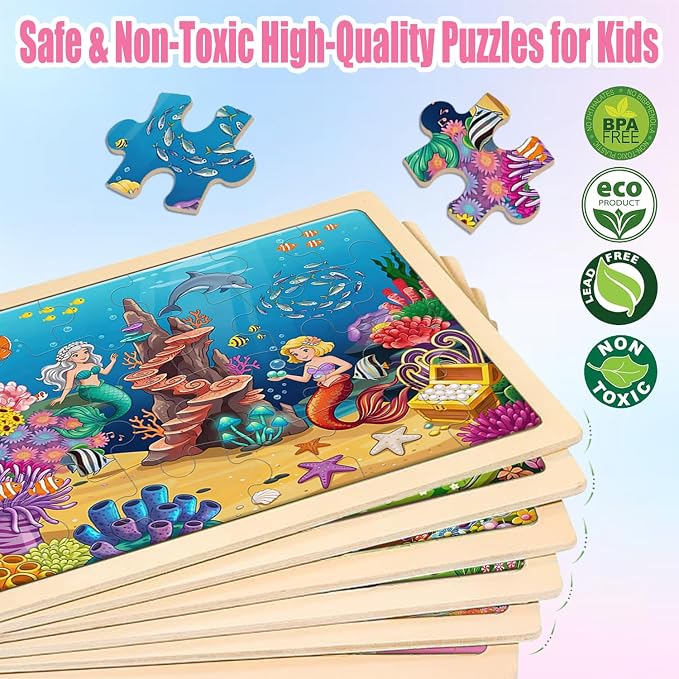 Puzzles for Kids Ages 3-5, 6 Pack Wooden Jigsaw Puzzles 24 Pieces – Unicorn Princess & Mermaid Educational Toys for Toddlers 4-6 Year Old, Gift Box, Easter Christmas Birthday Gifts for Kids