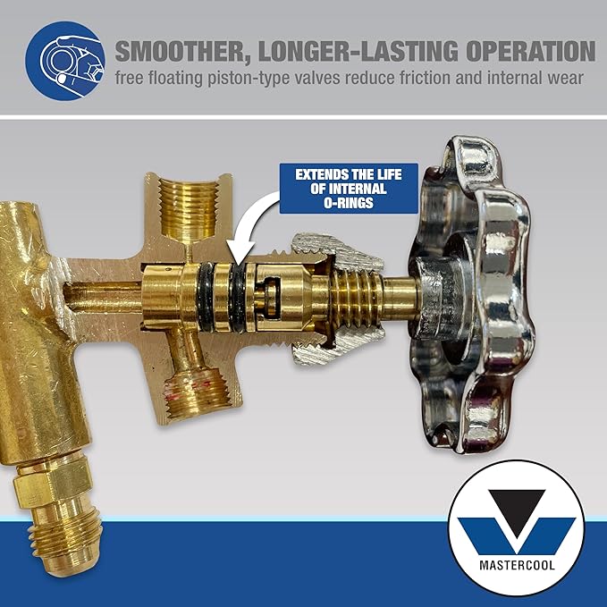 Mastercool 59136 2-Way Heavy Duty Brass Manifold Gauge Set with 3 1/8" Silicone-Dampened Gauges and 1/4" SAE Fittings for R410a, R22, R404A - U.S. Assembled & Tested with 36" Hoses
