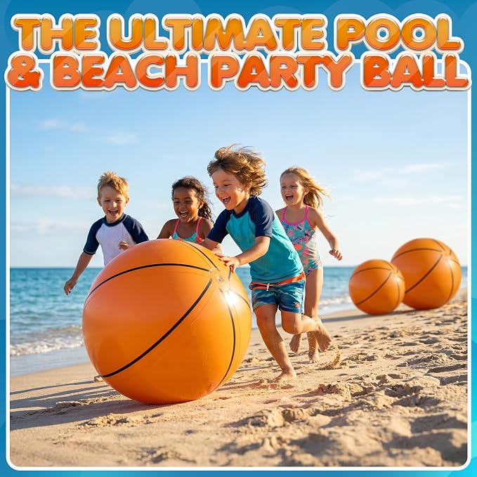 24-Inch Giant Beach Balls - (3-Pack) Inflatable Basketball Beach Balls - Extra Large Blow Up Pool Balls for Kids, Summer Pool Toys, Basketball Party Decorations & Sports Theme Decorations