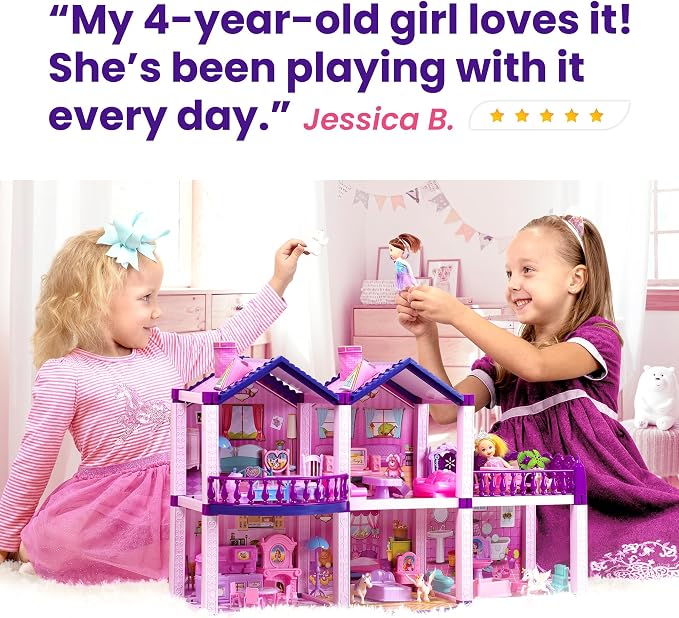Dollhouse with 4 Princesses, 4 Unicorns, Dog, Furniture and Accessories - Pink and Purple Dream Doll House Toy for Little Girls - 5 Rooms w/Garden, Furniture and Accessories, Gift for Girls Ages 2-7