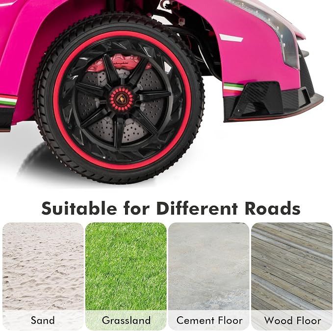 INFANS 2 Seater Kids Ride on Car, 12V 4WD Licensed Lamborghini Veneno Powered Electric Vehicle with Hydraulic Doors, Rocking Mode, Adjustable Speeds, Remote Control, MP3, Headlight (Coral)