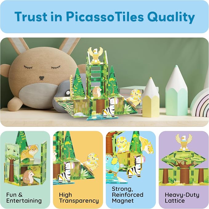 PicassoTiles Magnet Building Blocks 8 Safari Animal Magnetized Action Figures Compatible with Magnetic Assembly Build Tile Toys Accessory Toyset STEAM Educational Learning Girls Boys Ages 3+ PTA22