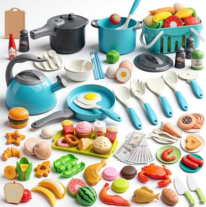 130Pcs Kitchen Playset, Toddler Pretend Cooking Play Pots, Pans, Utensils Cookware, Daily Food Fruit Veges, Shopping Storage Basket, Dessert, Prop Money, Learning Gift for Child (Turquoise)