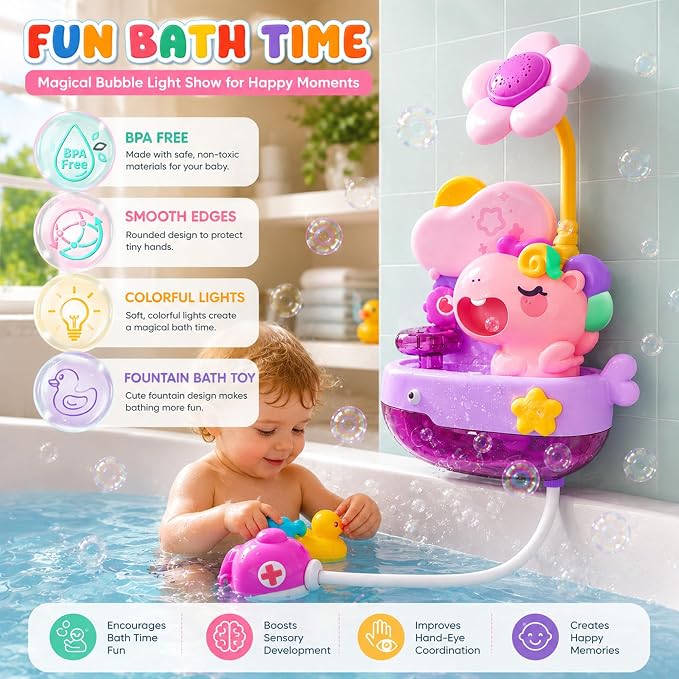 Unicorn Light Up Bath Bubble Machine with Colorful RGB Lights, Kids Tub Bath Toy in Tub Or Sink, for Toddler Boys & Girls Ages 1-8