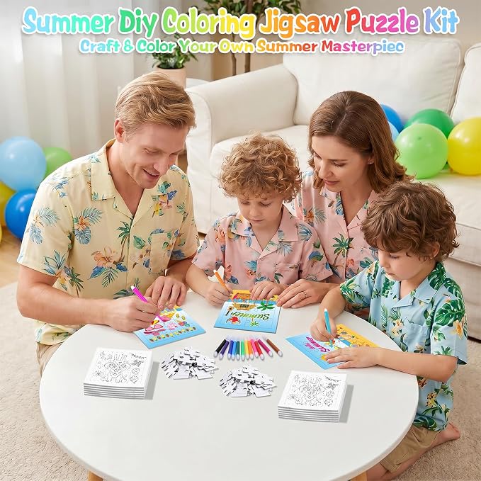 Fennoral 24 Pack Summer Craft Kit for Kids Bulk Make You Own Summer Jigsaw Puzzle with Base Design DIY Coloring Art and Craft for Classroom Activity Luau Party Supplies Birthday Gifts,4.7inch