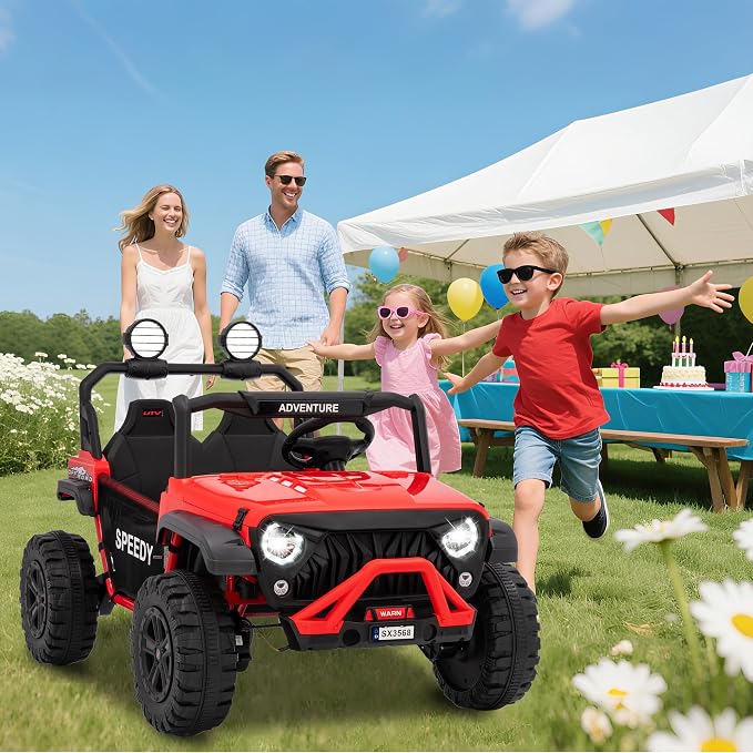 Powerful 24V Ride on Car for Kids, Ride on Truck with Remote Control - 4WD Electric Car, 2 Seater UTV, Spring Suspension, Front & Behind LED Lights, Dual Storage, 3 Speeds, Music,