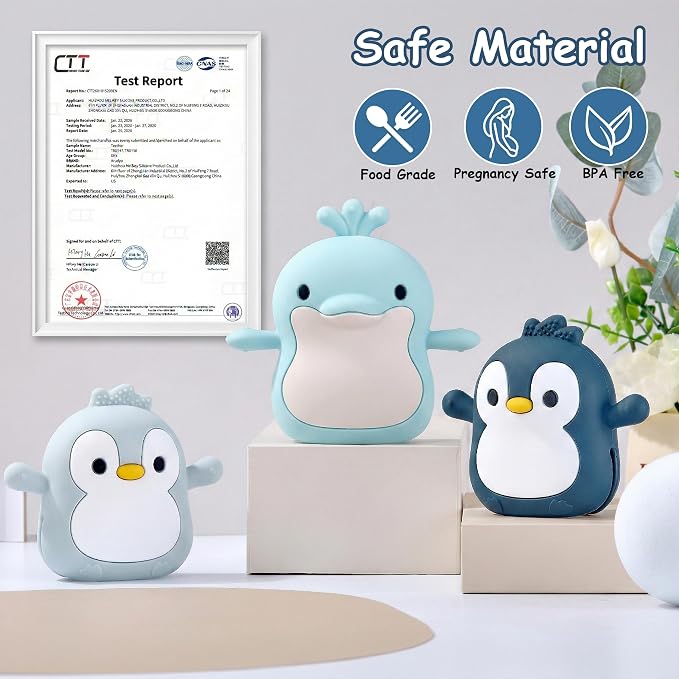 Baby Teething Toys for 3-6 Months Silicone Teething Mittens for Babies Food Grade Silicone Teether (Dolphin+Blue Penguin)