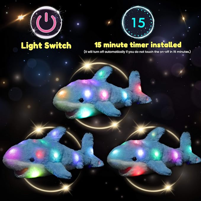Hopearl LED Plush Shark Lighting Up Stuffed Animal Floppy Night Lights Glow in The Dark Birthday Festival for Kids Toddler Girls, Blue, 16''