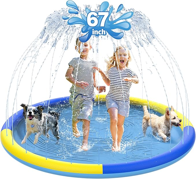 CACSPS 67" Non-Slip Splash Pad for Kids and Dog, Thicken Sprinkler Pool Summer Outdoor Water Toys, Extra Large Backyard Wading Pool for Children Boys & Girls or Pet Dog (Blue&Yellow)