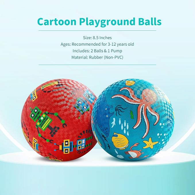 ZOOJOY Pack of 2 Cartoon Playground Balls, Balls for Kids 3+, 8.5" Rubber Balls for Dodgeball, Non-Slip Rubber Bouncy Kickball Set, Indoor & Outdoor Game Toys for Boys Girls with Pump
