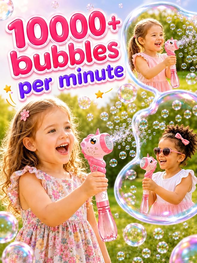 Unicorn Automatic Bubble Wand Solution for Toddler Kid Princess Toy Age 1 2 3 4 5 6 7 8 1yr Year Old Little Girl Gift Machine Outdoor Juegos Juguetes Burbujas Niñas Christmas Pink