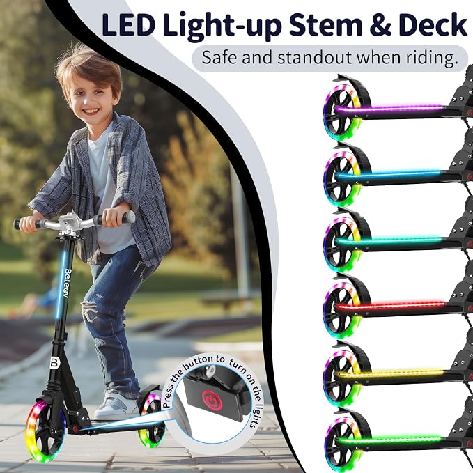 BELEEV V8 Scooters for Kids Ages 6+ with Light-Up Deck, 2 Wheel Folding Scooter for Kids, 4 Adjustable Height, Lightweight Sport Commuter Scooter, Sturdy Frame
