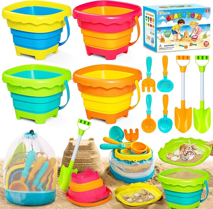 Shemira Beach Sand Toys for Kids, Travel Sand Toys with 4 Collapsible Beach Bucket, Sifter Shovels Set & Mesh Bag, Sandbox Outdoor Beach Toys Essentials for Toddlers Boys Girls 3 4 5 6 7 8 9 10