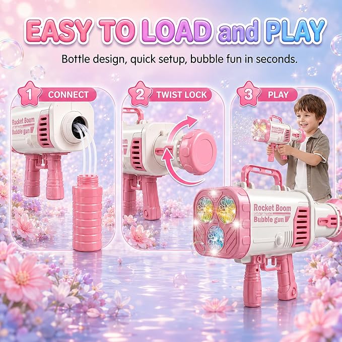 Pink LED Bubble Machine for Girls, High Output Bubble Blower | Pink LED bubble machine with high-output bubbles for backyard, pool, beach, and party fun, great gift for girls age 3+.