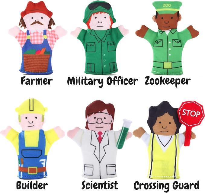 Happy Helpers Finger Puppets 12-Piece Set - Teach and Learn with a Variety of Neighborhood People Characters - Free Bonus E-Book - for Families, Children, Kindergarten, Play and ESL