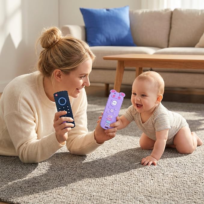 SOLIFEGOBLE 2 Pack Silicone Teething Toys, Cute Pig-Shaped Remote Control Style Teethers for Babies 6-18 18-24 Months, BPA-Free Soft Chew Toys for Teething Relief (Black+Purple)