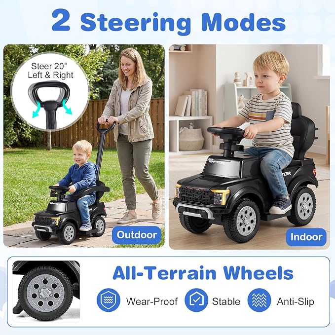 Costzon Ride On Push Car for Toddlers, 3-in-1 Ford Licensed Sliding Car w/Handle, Guardrail, Horn, Engine Sound, LED Lights, Under Seat Storage, Foot-to-Floor Kids Ride On Toys for Boys Girls (Black)