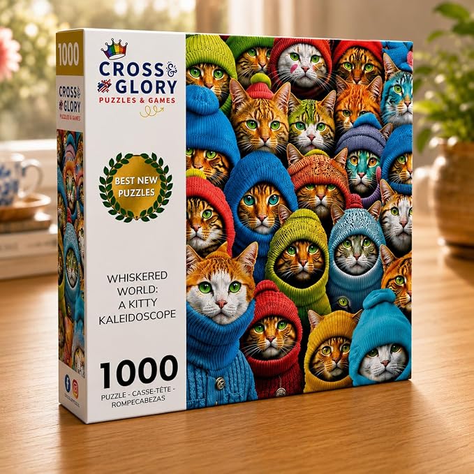 Cross & Glory | 1000 Piece Jigsaw Puzzles for Adults | Whiskered World: A Kitty Kaleidoscope | Cat Jigsaw Puzzle | Satin Finish 1000 Piece Puzzle for Adults Cats | Ages 14+