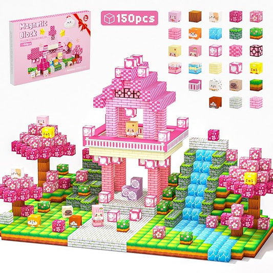 Magnetic Building Blocks, STEM Toys Educational Magnet Cubes for Kids Ages 4-12 (Pink Castle-150pcs)