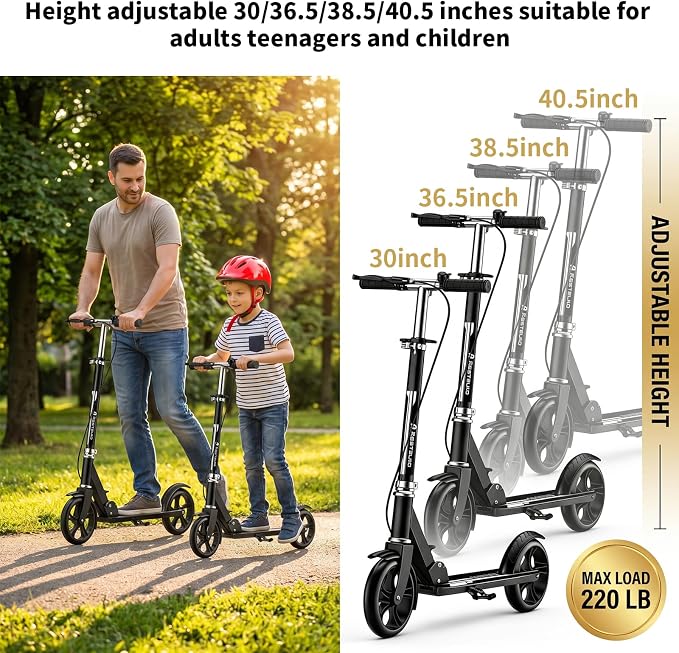 Scooters for Kids 8-12, Teens & Adults - Foldable&Portable Commuter Scooter with 8" Wheels, Bell, Hand Brake & Adjustable Height 30"-40.5", 240 lbs, Manual Push Scooter for Campus & Park