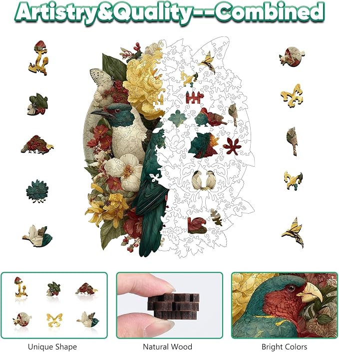 Leodozzio Wooden Puzzles for Adults, Nature Birds Wood Jigsaw Puzzle 200 Pieces, 5mm Thick Unique Shaped Bird Flower Puzzle, Gift for Adults & Family, 9.1 x 11.8 Inch