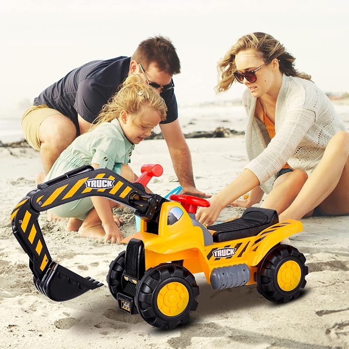 Costzon Kids Ride on Construction Excavator, Kids Digger Scooper Tractor Toy W/Safety Helmet, Rocks, Horn, Underneath Storage, Moving Forward/Backward, Push Car Gift for Boys Girls (Push Excavator)