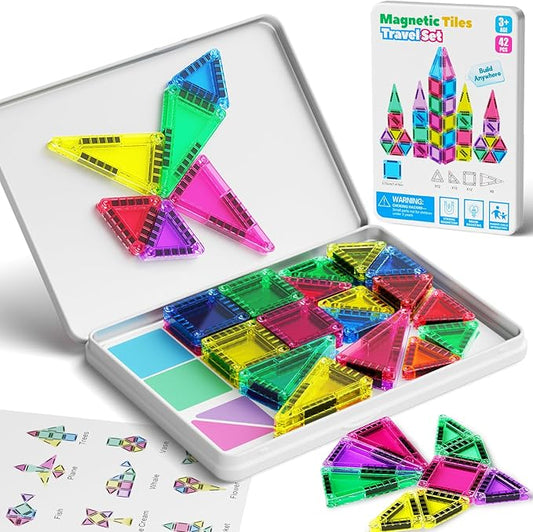 42PCS Mini Magnetic Tiles Travel Set with Iron Storage Box - Portable STEM Building Blocks for Kids 3-8, Montessori Educational Magnet Toys for Airplane, Car Rides & On-The-Go Play