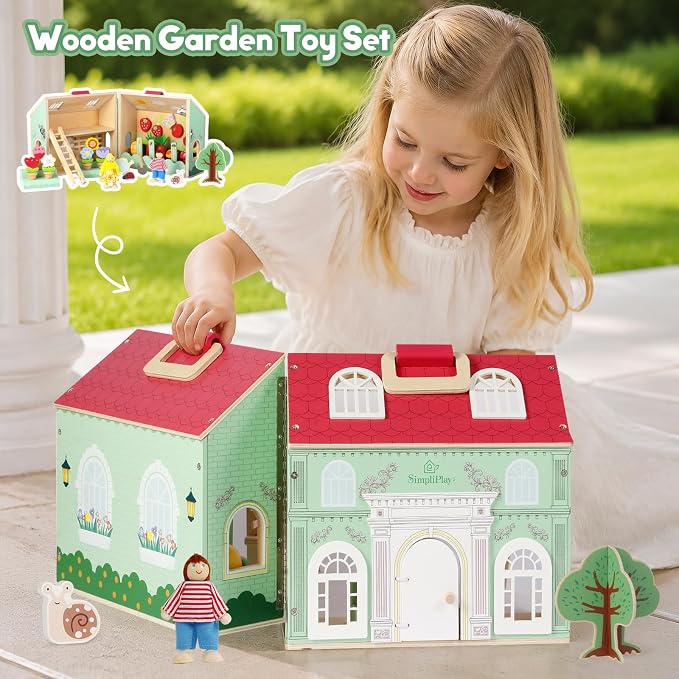 SIMPLIPLAY Montessori Wooden Flower Garden Toys, Wooden Dollhouse Kit with Vegetable Matching Toy, Educational Farm Pretend Play & Play Food Sorting for Toddler Kids Boys Girls Birthday