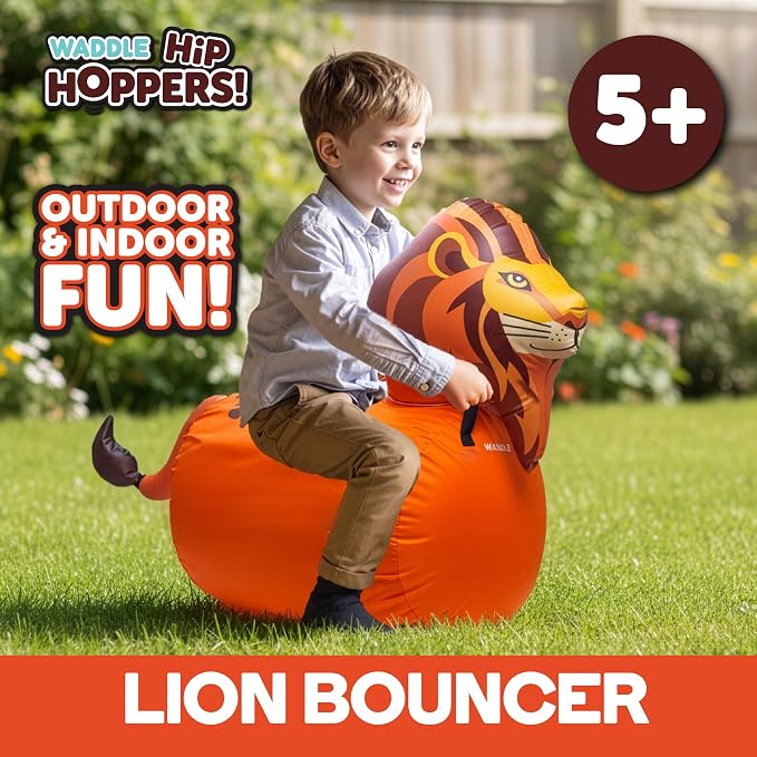 Waddle Hip Hoppers Large Bouncy Hopper Ride On Toys - Inflatable Hopping Animal Bouncer for Kids Girls & Boys, Easy Grip, Stable Base, Outdoor & Indoor, Supports Up to 250 Lbs, Ages 5 and Up (Lion)