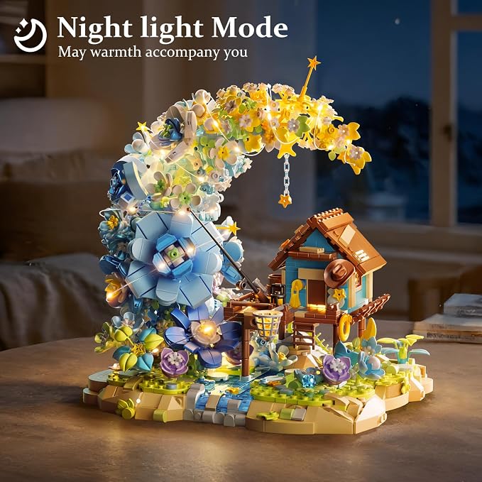 SUNHABI Moon Flower Mini Bricks Building Set, Fairy Cabin and Blue Flower Bouquet, Mini Building Blocks Botanical Collection Set, Unique Home Decor, Gift for Her and Him - 1622 Pcs Mini Bricks
