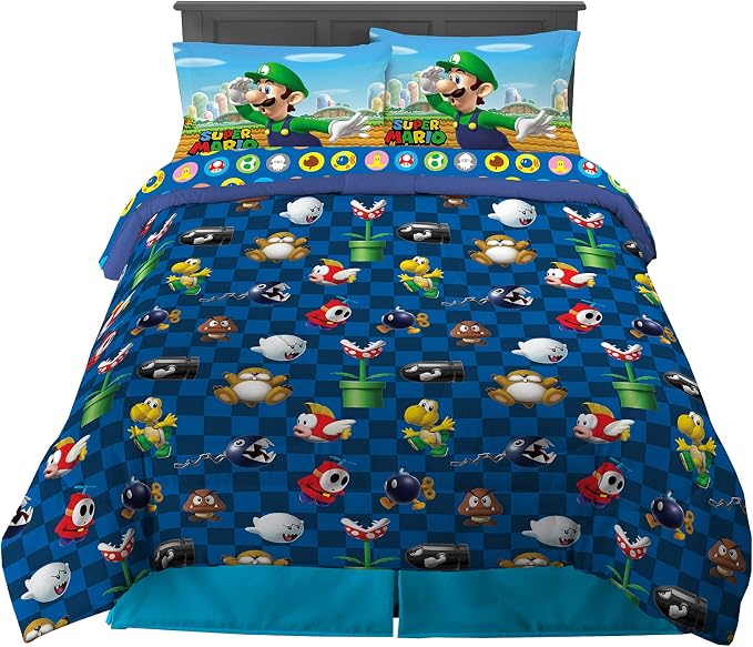 Super Mario Kids Full Size Bedding, 5 Piece Super Soft Cozy Reversible Comforter and Sheet Set, (Officially Licensed Product) By Franco